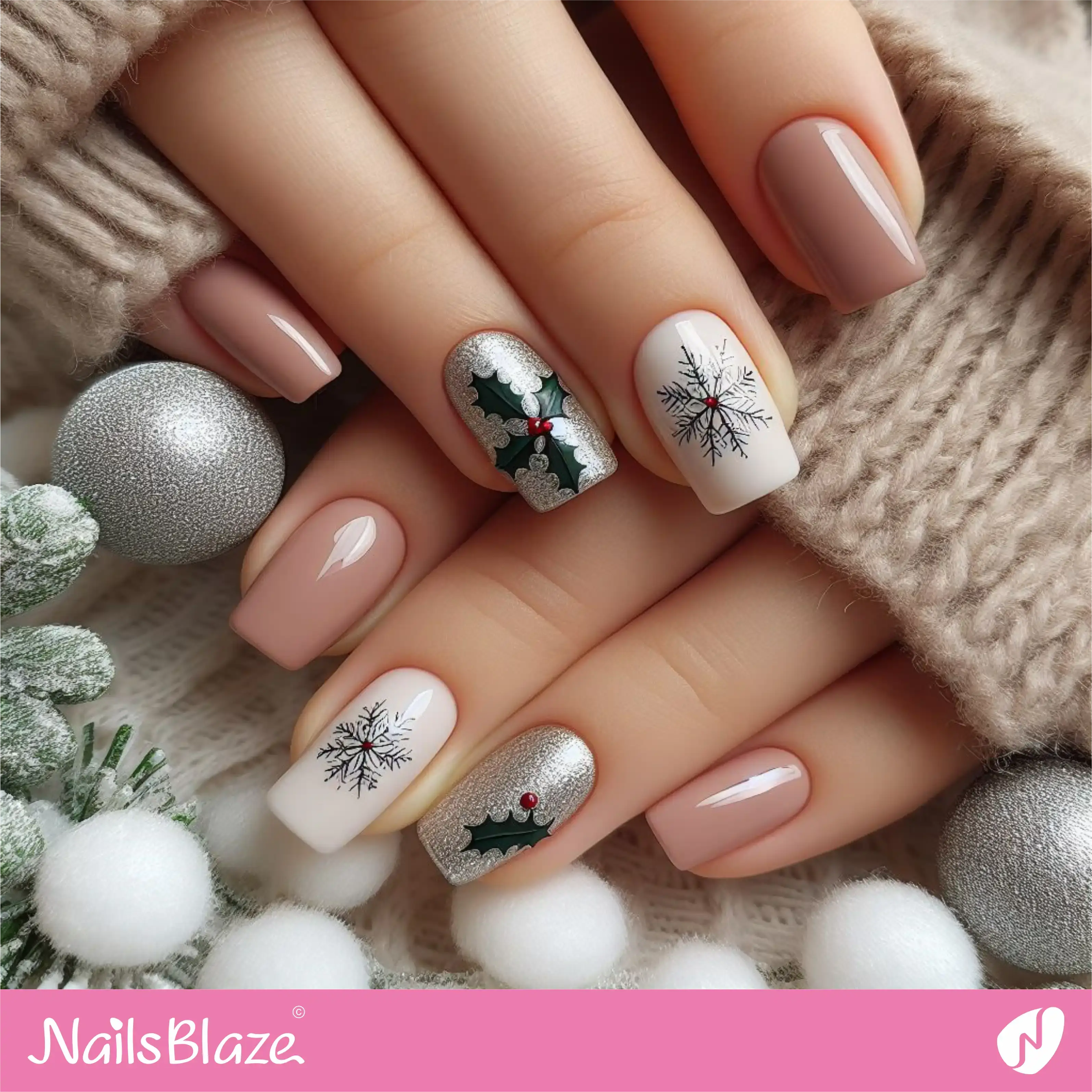 Holly Leaf and Snow Flake Nail Design | Nature-inspired Nails - NB1660